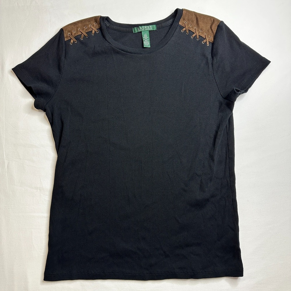 Lauren Ralph LRL Womens‎ Top Sz Large Black Leather Shoulder Lace Short Sleeve